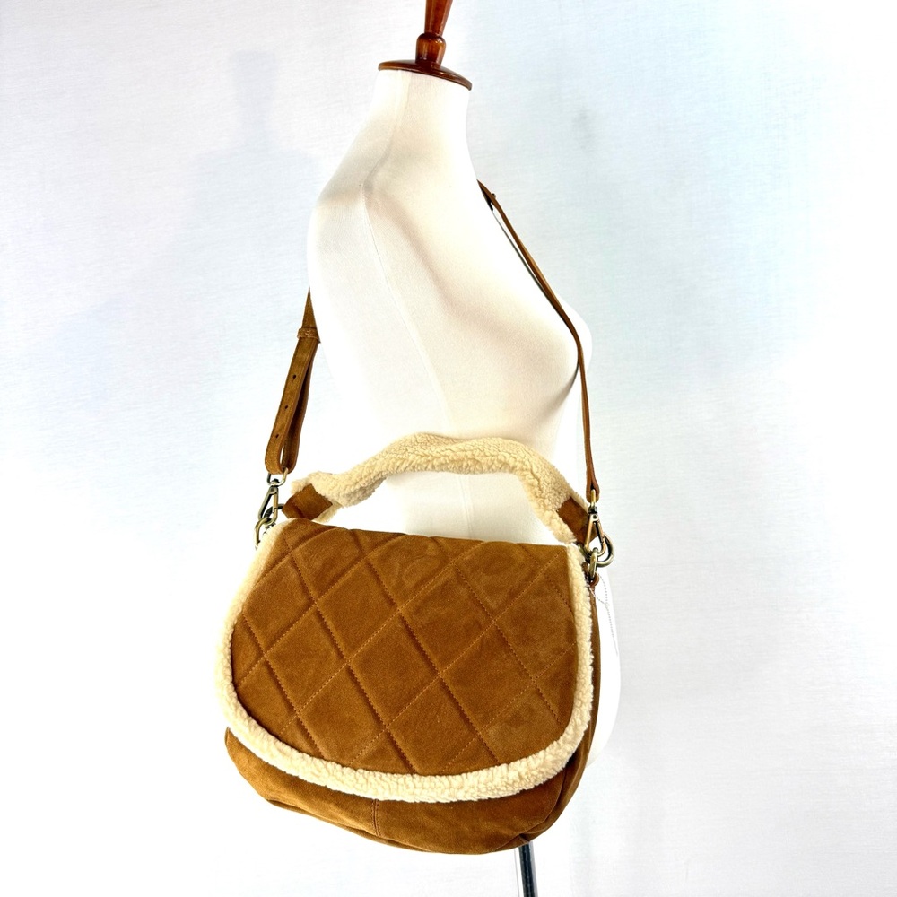 SUNDANCE Tan Suede Leather Quilted Shearling Lined Shoulder Bag NWOT - Picture 1 of 13